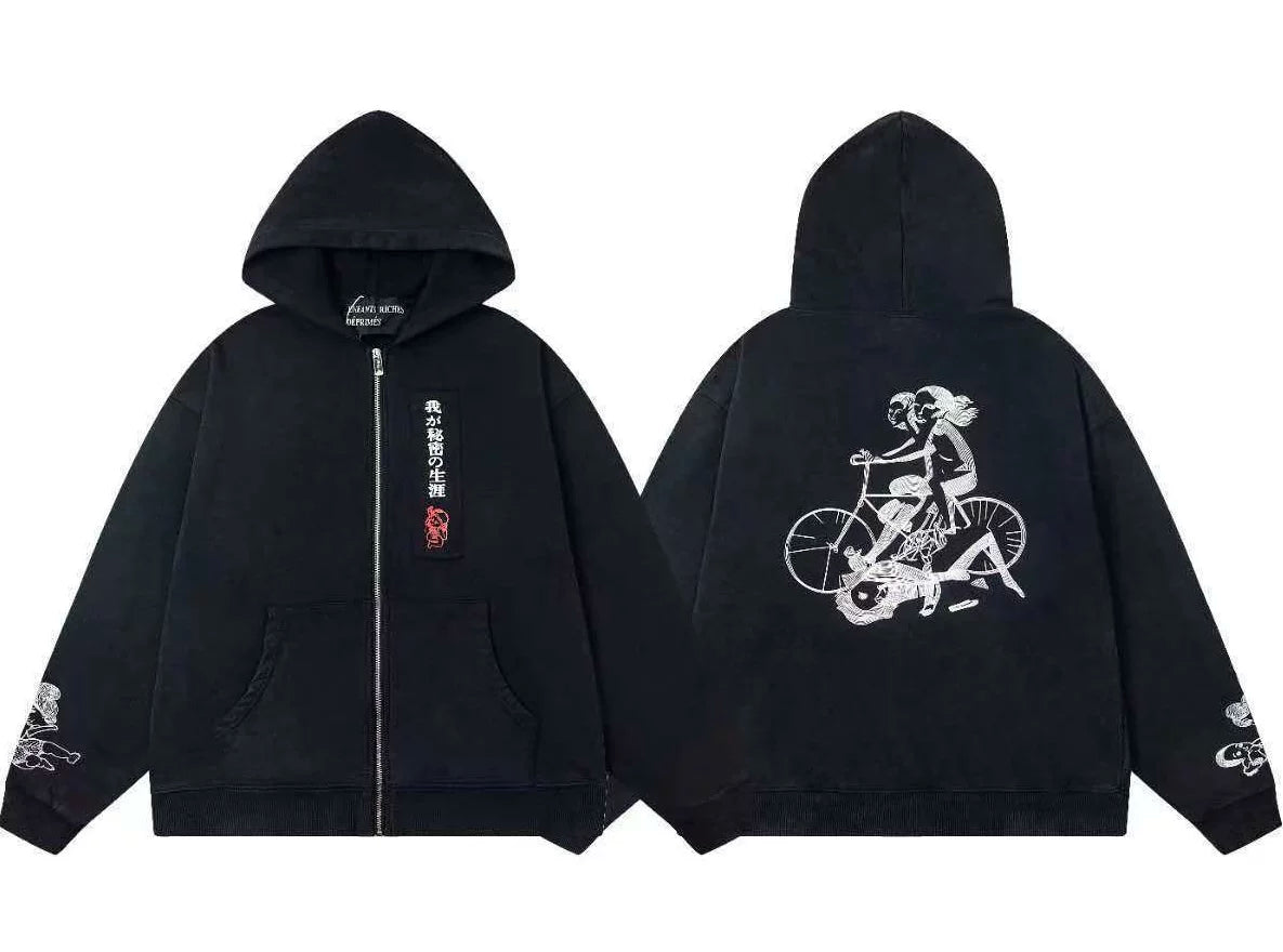 Enfants Riches Déprimés Vertical Japanese Text & Bicycle Art Zip-Up Hoodie - Black