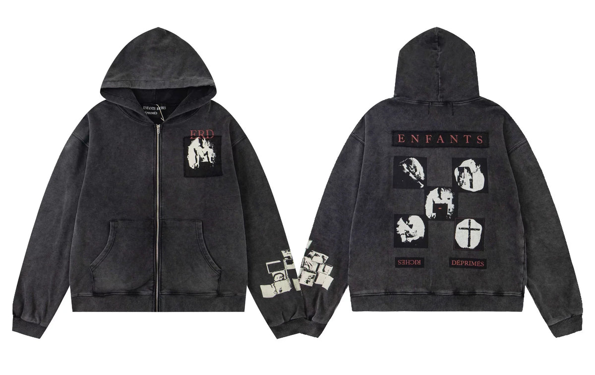 Enfants Riches Déprimés Multi-Panel Photo Zip-Up Hoodie - Washed Black